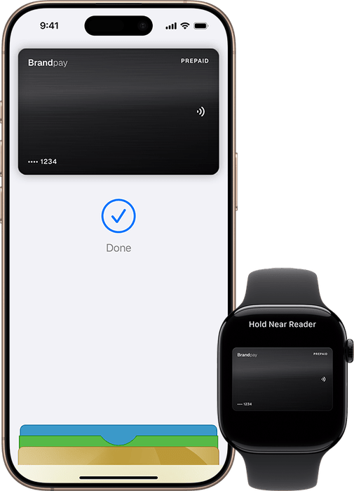 The BrandPay card added to Apple Wallet on an iPhone, beside an Apple Watch holding the same card near a reader