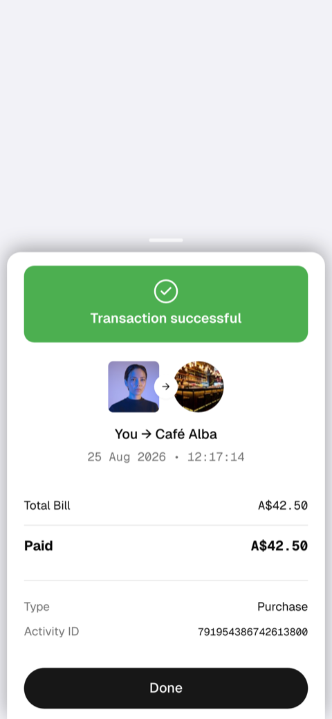 The BrandPay app receipt showing a A$42.50 bill at Café Alba fully paid
