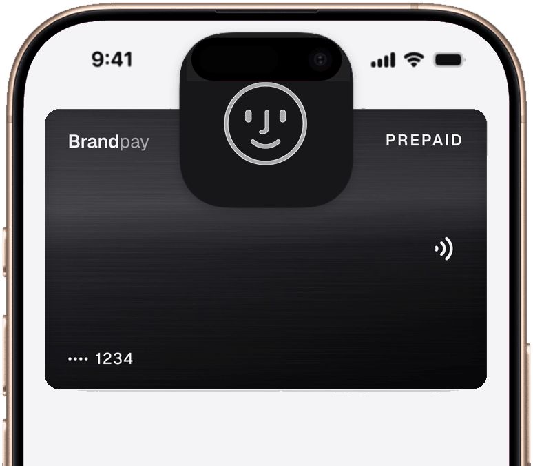 The top of an iPhone showing the BrandPay card in Apple Wallet with the Face ID glyph