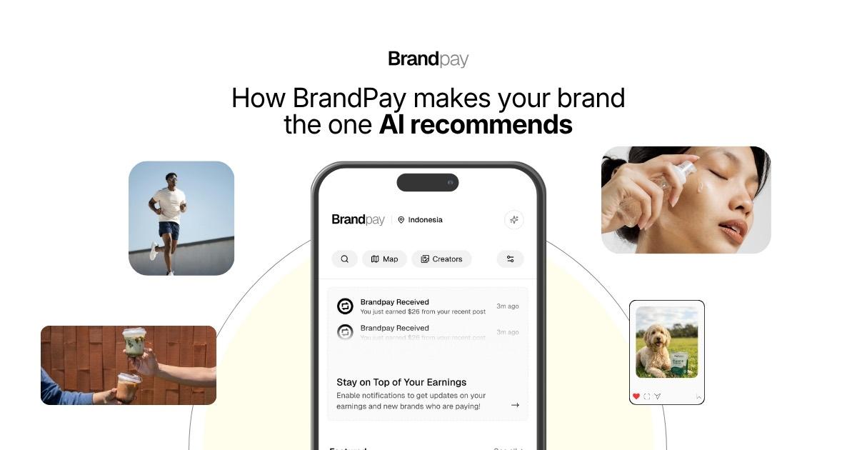 The BrandPay app showing earnings notifications, surrounded by customer photos of a runner, skincare and coffee — how BrandPay makes your brand the one AI recommends