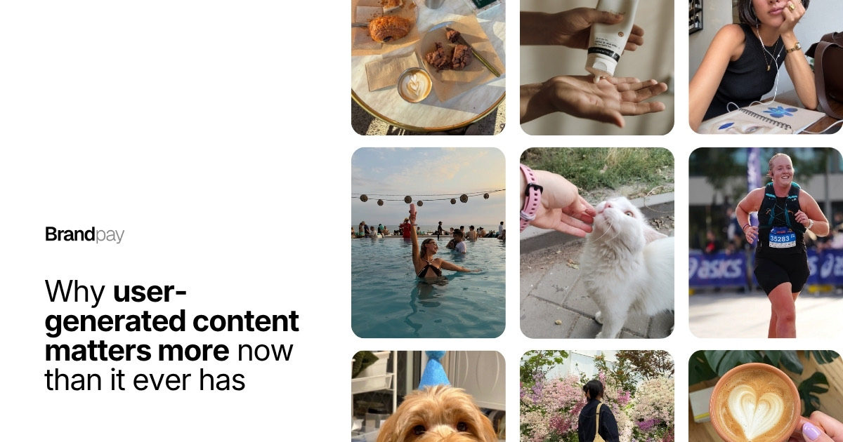 A grid of real customer photos — brunch, skincare, a swim-up bar, a cat, a race finish line — showing the range of everyday user-generated content brands can reward