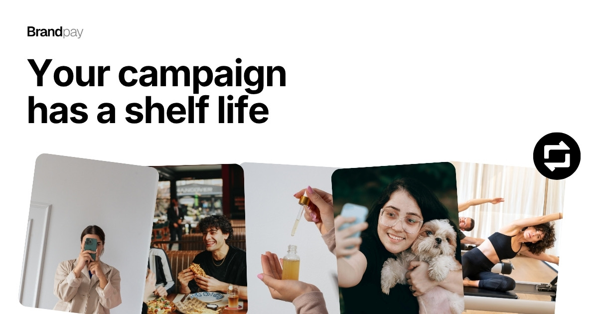 Fanned-out customer photos — a mirror selfie, friends at a restaurant, a serum, a dog, a reformer pilates class — under the headline Your campaign has a shelf life