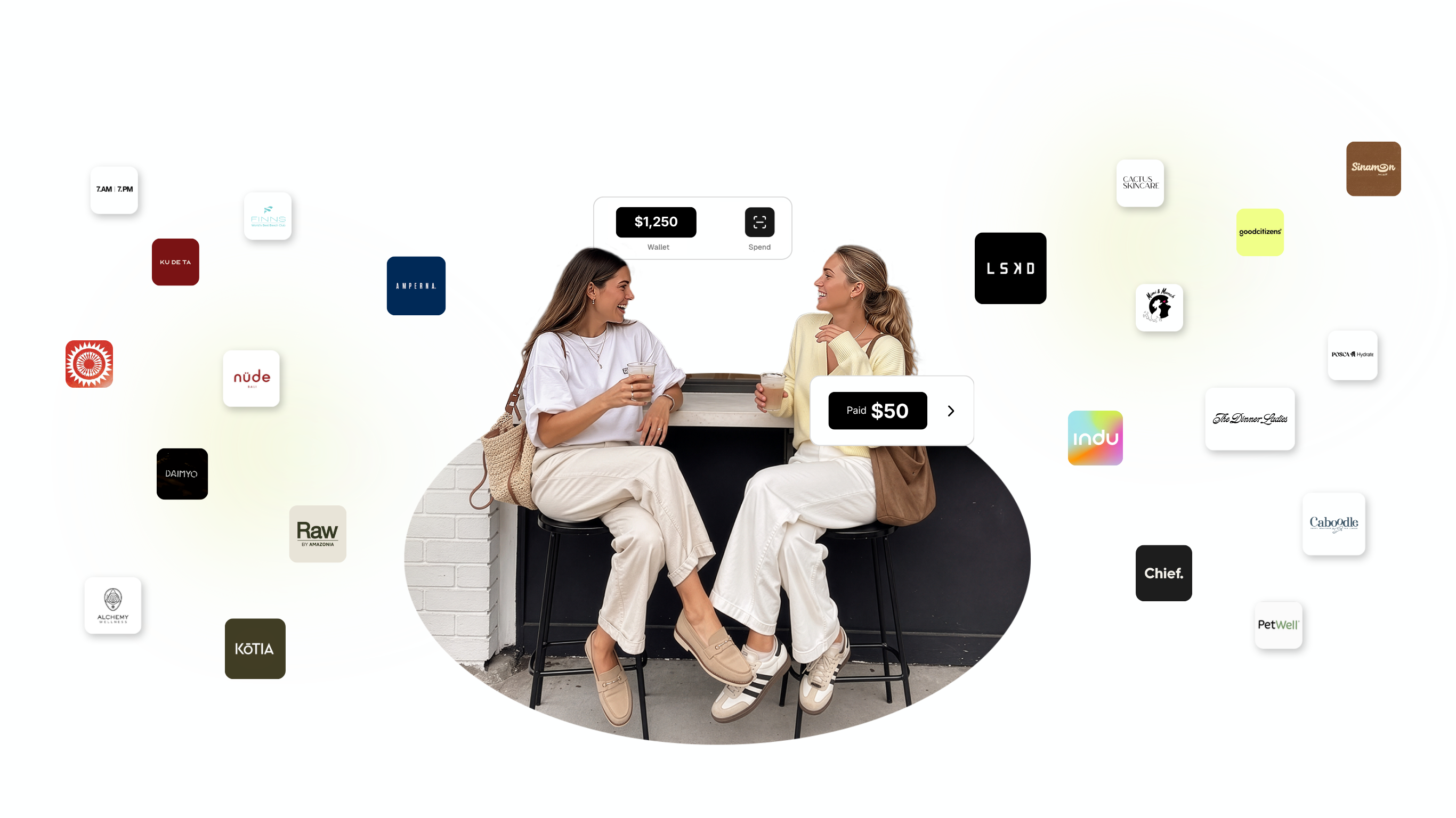 Two customers spending their BrandPay wallet, surrounded by brands including LSKD, Chief, Nüde and Caboodle