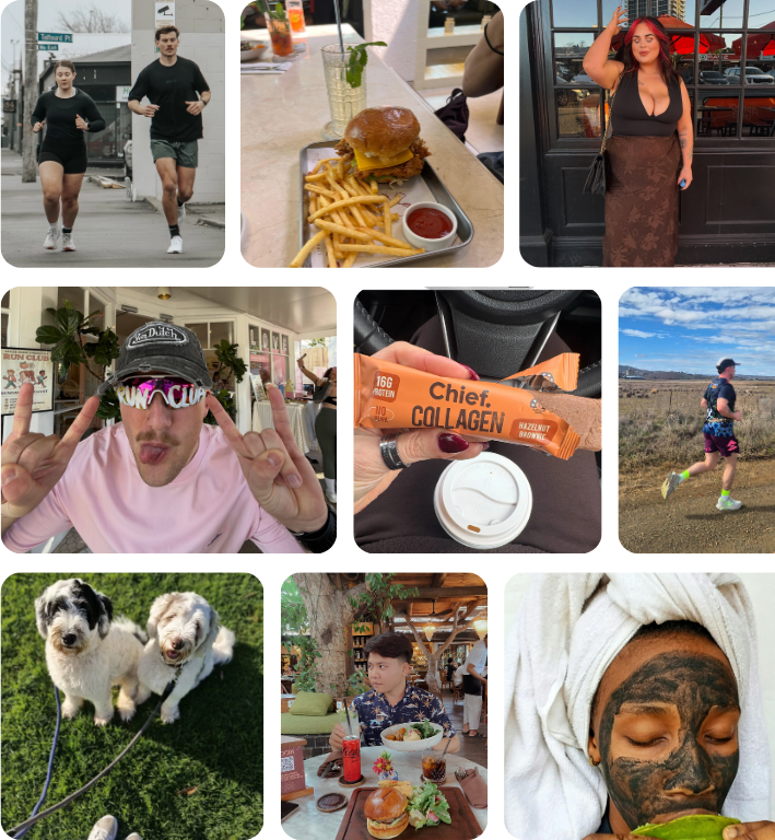A grid of customer posts: running, brunch, a night out, coffee, a pool and a spa day